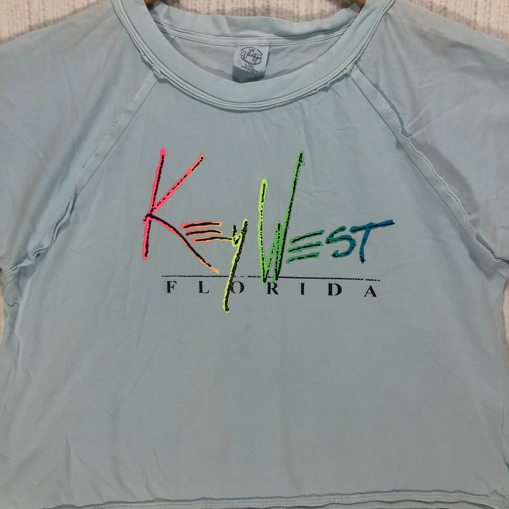 US Vintage Collection Key West Florida Neon Graphic Crop Top Light Blue L/XL